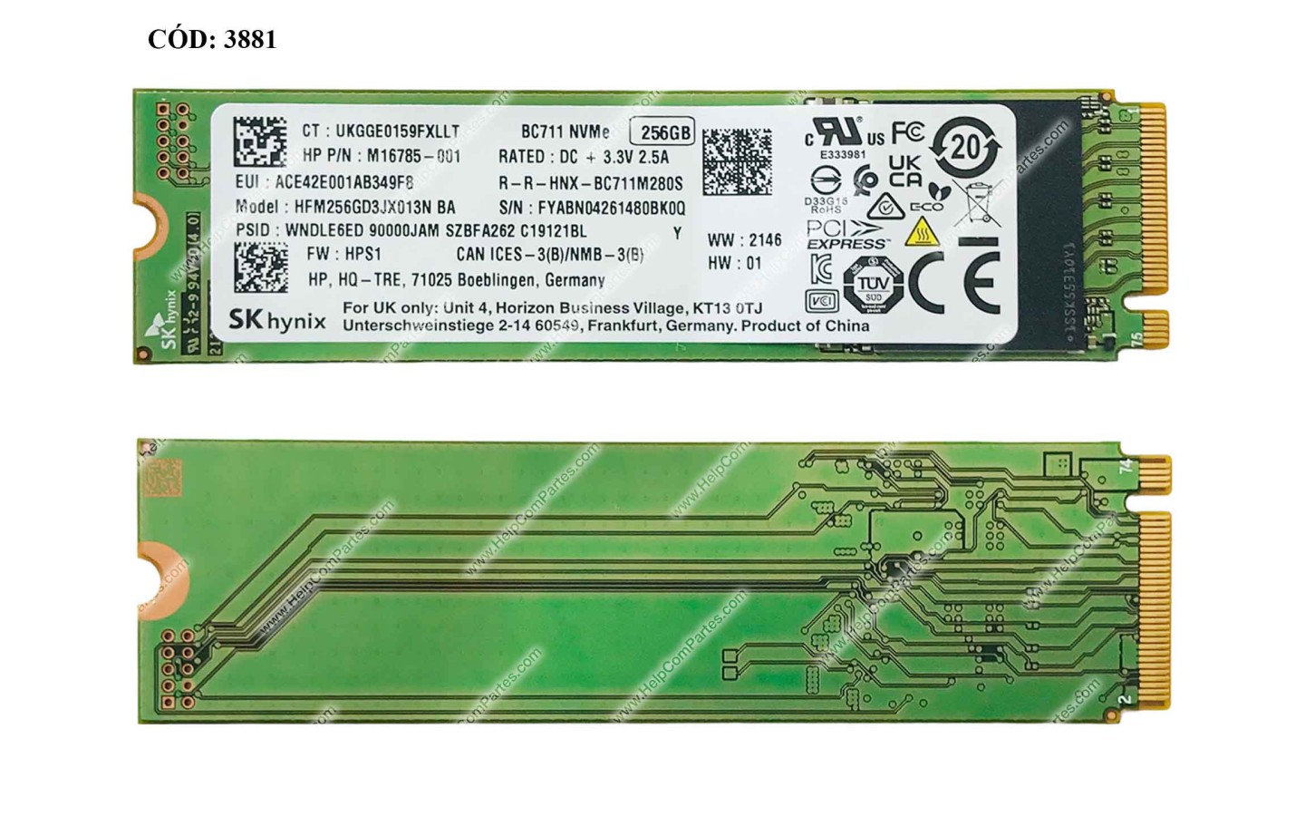 SSD SK HYNIX BC711 256GB NVMe PCIE GEN3X4 M 2 2280 NAND TLC TBW 120